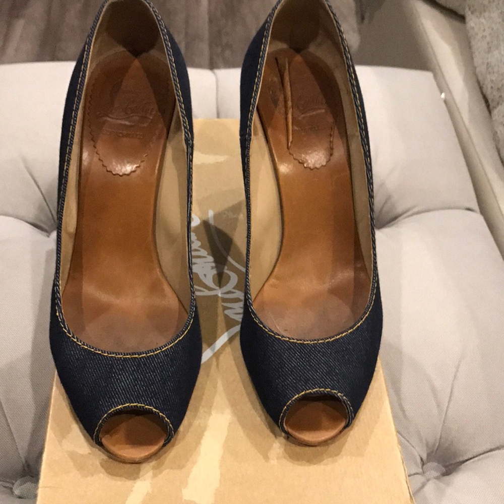 Christian Louboutin Denim Blue Peep-Toe Wedges